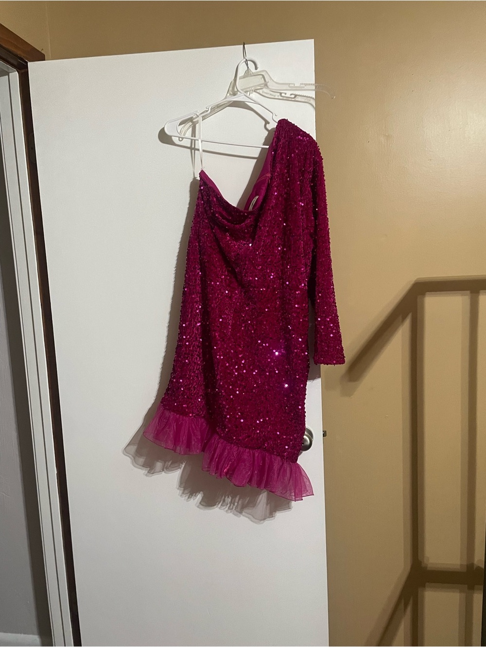 Sparkle One-Shoulder Pink Dress with Tulle Hem